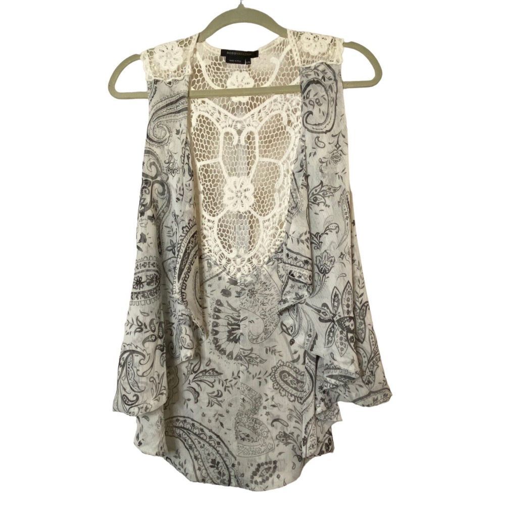 BcbgMaxazria womans grey & white Paisley no button vest with lace back size L/XL